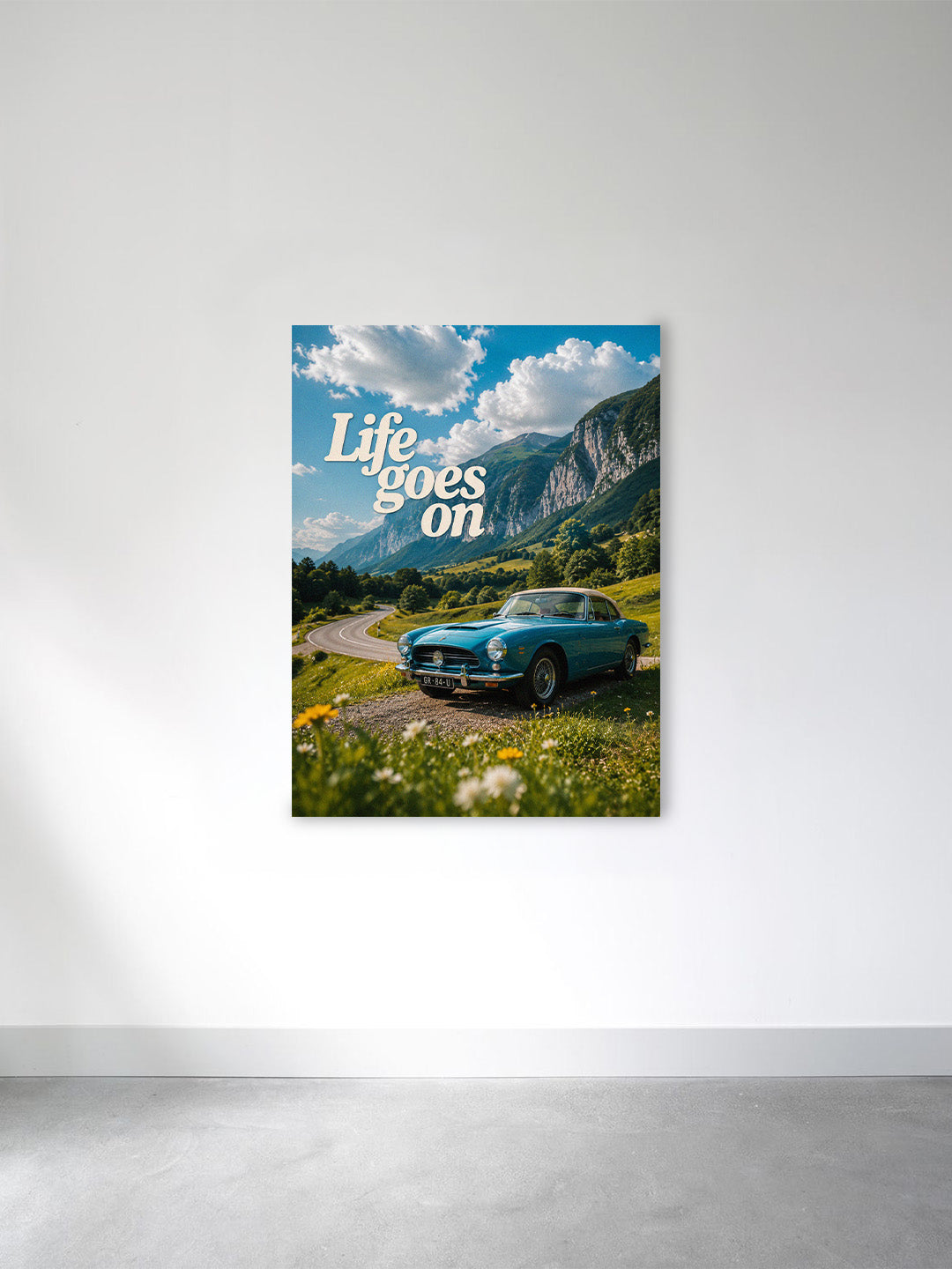 Life Goes On Vintage Car Canvas Wall Art – Scenic Mountain Road Landscape Motivational Quote